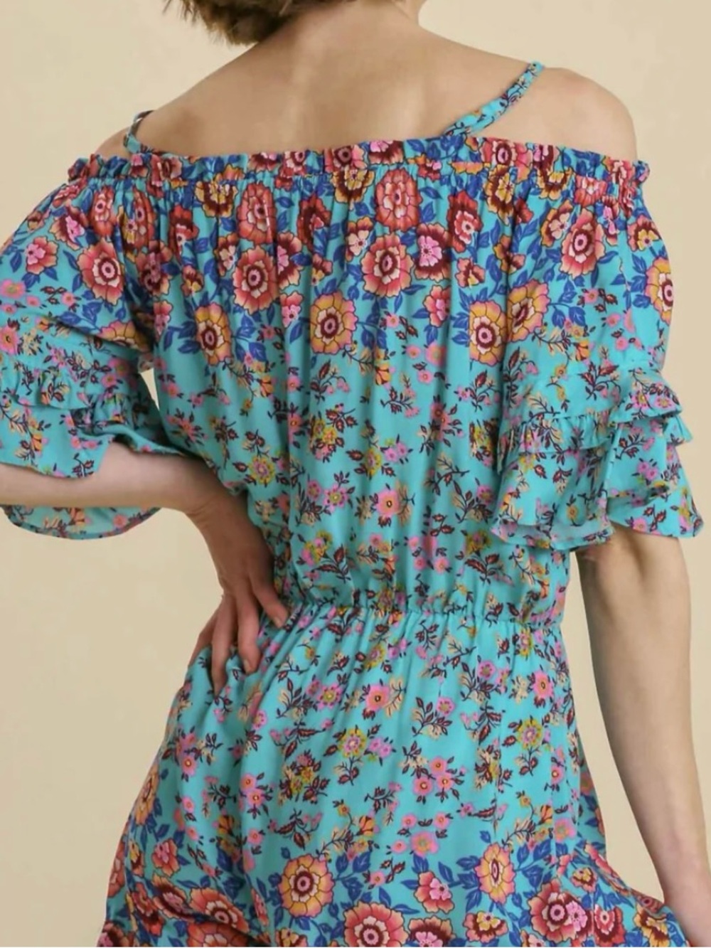 Umgee Turquoise Floral Off-Shoulder Romper with Ruffle Sleeves - Picture 4 of 5